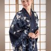 Kimono Yukata long bleu marine fleurs de cerisiers